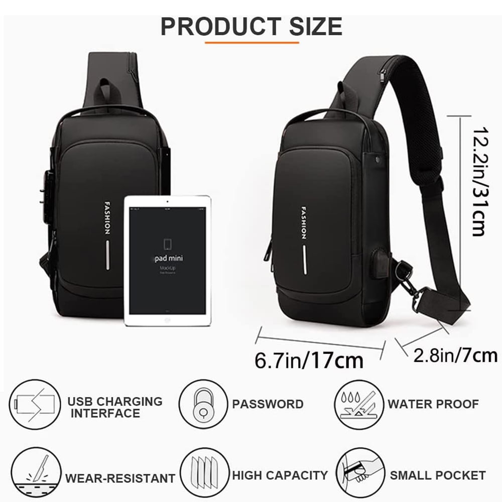 Waterproof Crossbody Sling Bag Unisex Chest Bag with USB Shoulder